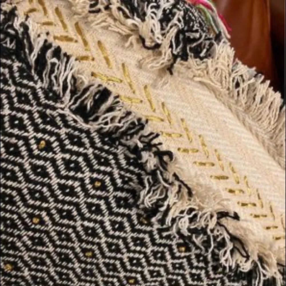 Anthropologie | Tasseled Retrograde Pillow Black Ivory Gold Embroidered
